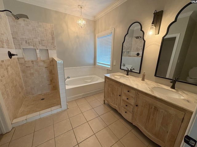 26 Peyton Rd, Columbia, SC 29209 - full bath with tile patterned floors, a walk in shower, a garden tub, double vanity, and ornamental molding