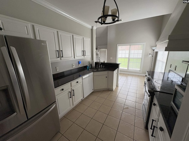 26 Peyton Rd, Columbia, SC 29209 - kitchen with stainless steel refrigerator with ice dispenser, dishwasher, a sink, light tile patterned floors, and white cabinetry