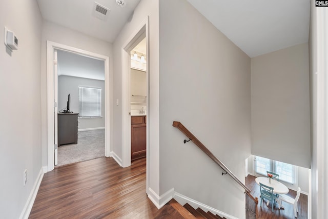 1148 Declaration Dr, Elgin, SC 29045 - hallway with an upstairs landing, plenty of natural light, dark wood-style flooring, and baseboards