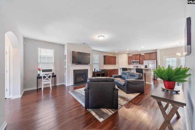 1148 Declaration Dr, Elgin, SC 29045 - living room featuring healthy amount of natural light, dark wood finished floors, a fireplace with flush hearth, and recessed lighting