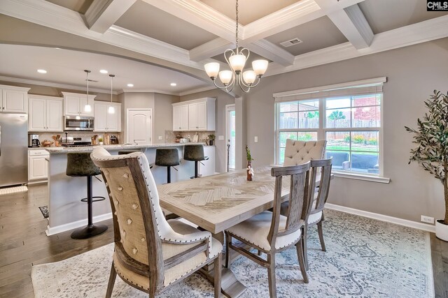 335 Hollow Cove Rd, Chapin, SC 29036 - dining room featuring recessed lighting, coffered ceiling, a chandelier, beam ceiling, and ornamental molding