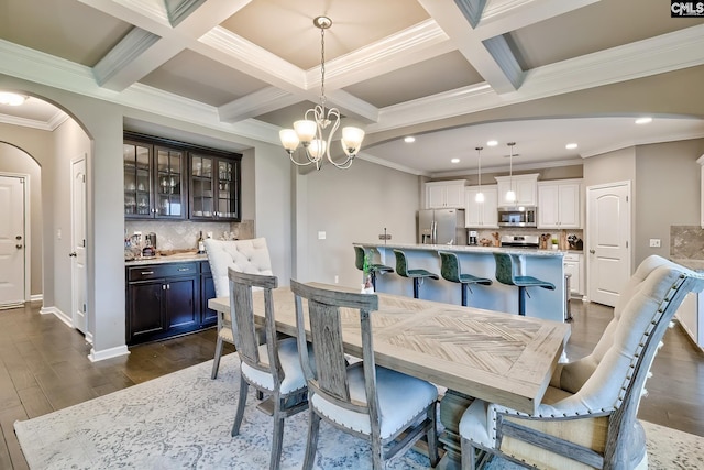 335 Hollow Cove Rd, Chapin, SC 29036 - dining area featuring arched walkways, beam ceiling, dark wood-style flooring, recessed lighting, and coffered ceiling