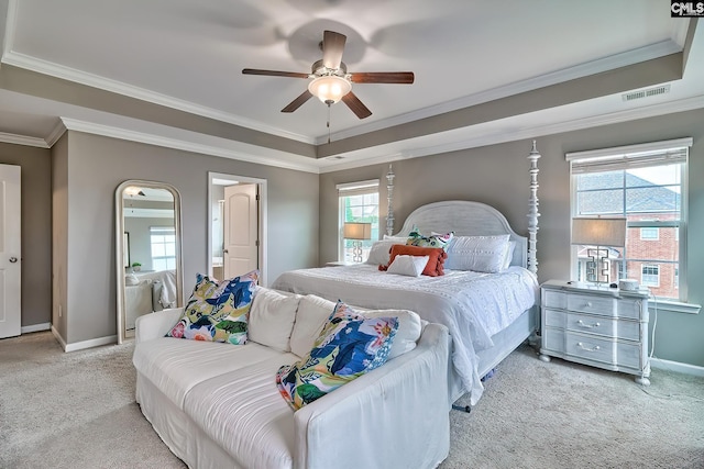 335 Hollow Cove Rd, Chapin, SC 29036 - bedroom with carpet flooring, baseboards, ornamental molding, a raised ceiling, and a ceiling fan