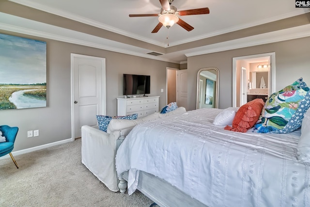 335 Hollow Cove Rd, Chapin, SC 29036 - bedroom featuring carpet floors, baseboards, crown molding, connected bathroom, and a ceiling fan