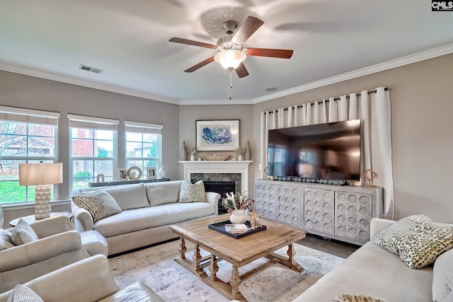 335 Hollow Cove Rd, Chapin, SC 29036 - living room with ceiling fan, ornamental molding, wood finished floors, and a premium fireplace