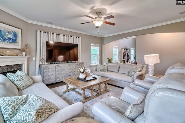 335 Hollow Cove Rd, Chapin, SC 29036 - living room with arched walkways, ornamental molding, ceiling fan, a premium fireplace, and wood finished floors