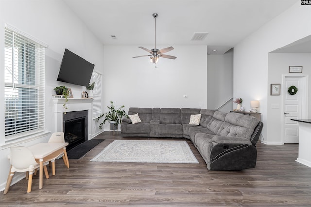 1401 Ardennes Dr, Elgin, SC 29045 - living room with wood finished floors, a glass covered fireplace, a ceiling fan, and baseboards
