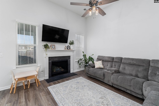 1401 Ardennes Dr, Elgin, SC 29045 - living area with wood finished floors, ceiling fan, a fireplace with flush hearth, and baseboards