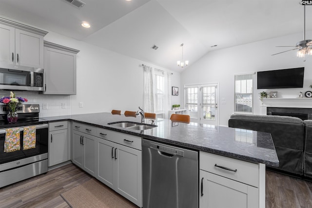 1401 Ardennes Dr, Elgin, SC 29045 - kitchen featuring stainless steel appliances, open floor plan, a sink, dark wood finished floors, and vaulted ceiling