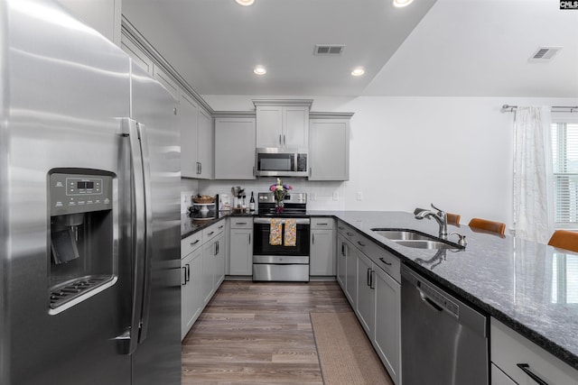 1401 Ardennes Dr, Elgin, SC 29045 - kitchen with appliances with stainless steel finishes, a sink, gray cabinetry, dark stone counters, and recessed lighting