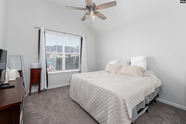 1401 Ardennes Dr, Elgin, SC 29045 - bedroom featuring carpet floors, vaulted ceiling, baseboards, and a ceiling fan