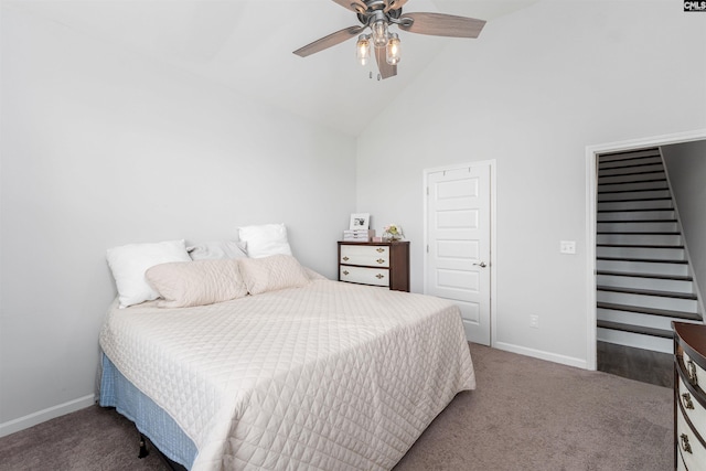 1401 Ardennes Dr, Elgin, SC 29045 - carpeted bedroom featuring baseboards, high vaulted ceiling, and a ceiling fan