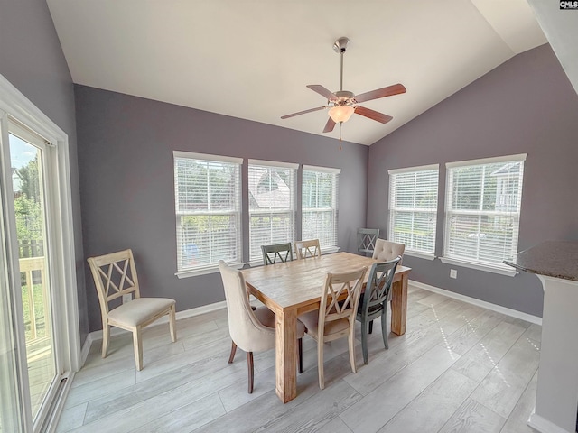 121 Ashford Way, Lexington, SC 29072 - dining space with lofted ceiling, light wood finished floors, ceiling fan, and baseboards