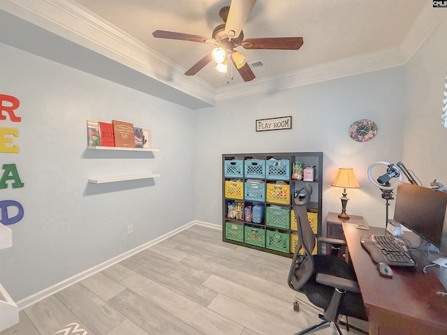 121 Ashford Way, Lexington, SC 29072 - home office with crown molding, ceiling fan, wood finished floors, and baseboards