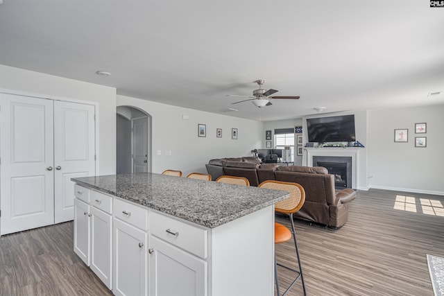 646 Penfolds Way, Blythewood, SC 29016 - kitchen with arched walkways, a ceiling fan, a kitchen bar, a kitchen island, and dark wood-style floors