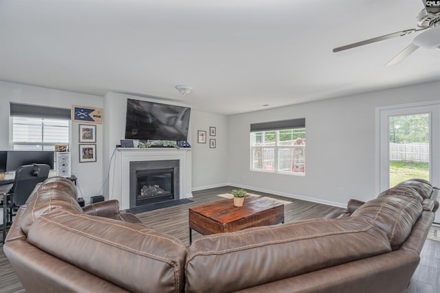 646 Penfolds Way, Blythewood, SC 29016 - living area with a ceiling fan, baseboards, wood finished floors, and a fireplace with flush hearth