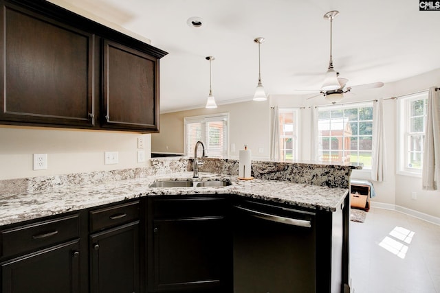 220 Pine Grove Rd, Lugoff, SC 29078 - kitchen with a sink, dishwasher, a peninsula, ceiling fan, and ornamental molding