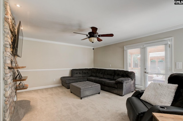 220 Pine Grove Rd, Lugoff, SC 29078 - living room with ornamental molding, light carpet, a ceiling fan, and baseboards