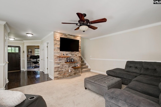 220 Pine Grove Rd, Lugoff, SC 29078 - living area featuring ornamental molding, ceiling fan, dark wood finished floors, baseboards, and stairs