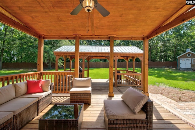 220 Pine Grove Rd, Lugoff, SC 29078 - wooden deck featuring an outdoor hangout area, a gazebo, and ceiling fan