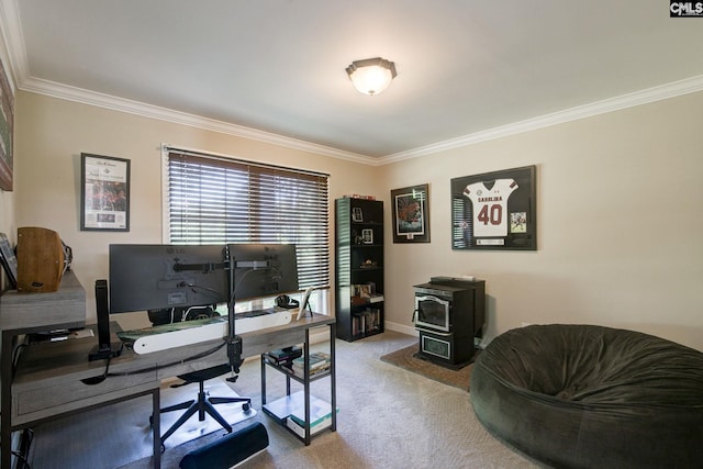 220 Pine Grove Rd, Lugoff, SC 29078 - carpeted home office with crown molding, a wood stove, and baseboards