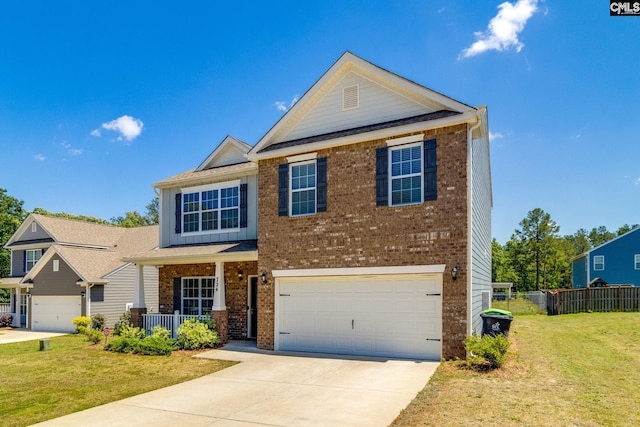 724 Channing Creek Ln, Lexington, SC 29072 - view of front of house featuring brick siding, a porch, concrete driveway, an attached garage, and board and batten siding