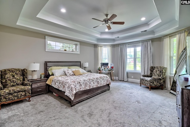 117 Shoal Creek Ln, Blythewood, SC 29016 - bedroom with a tray ceiling, carpet floors, ornamental molding, ceiling fan, and baseboards