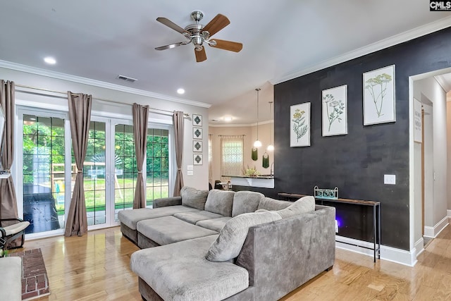 117 Shoal Creek Ln, Blythewood, SC 29016 - living area with light wood-style flooring, ceiling fan, ornamental molding, recessed lighting, and baseboards