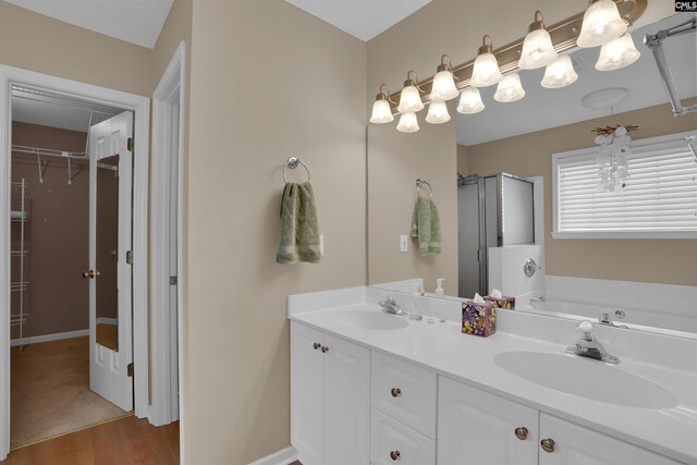 407 Westbrook Way, Lexington, SC 29072 - full bath featuring a shower stall, a walk in closet, wood finished floors, double vanity, and a bath