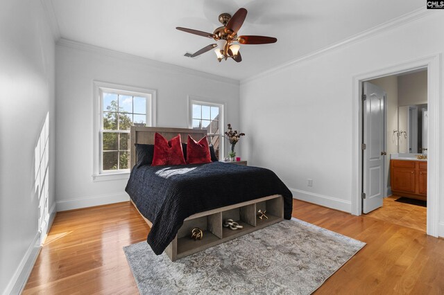 279 Canterwood Rd, Irmo, SC 29063 - bedroom with ornamental molding, baseboards, light wood finished floors, ensuite bath, and a ceiling fan