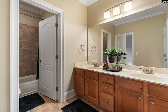 279 Canterwood Rd, Irmo, SC 29063 - full bathroom featuring double vanity, ornamental molding, shower / bath combination, tile patterned floors, and baseboards