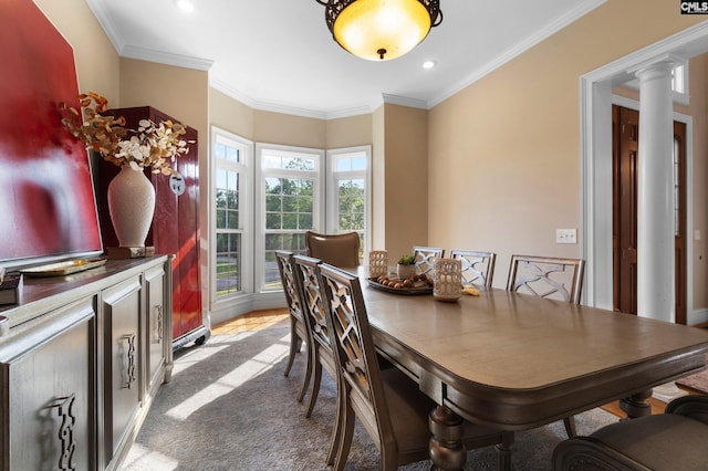 279 Canterwood Rd, Irmo, SC 29063 - carpeted dining area with ornamental molding, ornate columns, and recessed lighting