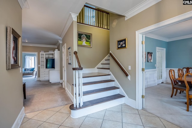 616 Brandon Ct, Lexington, SC 29072 - stairway with carpet floors, ornamental molding, tile patterned floors, and baseboards