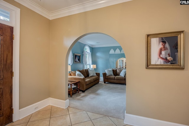 616 Brandon Ct, Lexington, SC 29072 - corridor featuring carpet, tile patterned flooring, crown molding, baseboards, and arched walkways