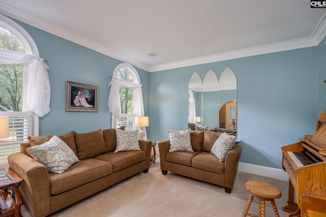 616 Brandon Ct, Lexington, SC 29072 - carpeted living room with arched walkways, crown molding, and baseboards