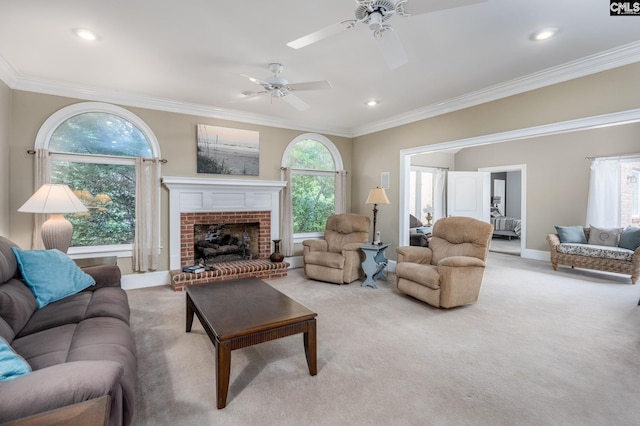 616 Brandon Ct, Lexington, SC 29072 - living area with light carpet, ornamental molding, ceiling fan, a brick fireplace, and baseboards