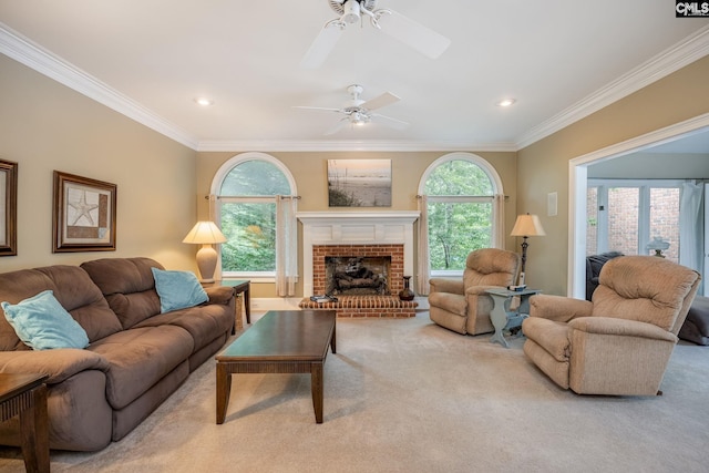 616 Brandon Ct, Lexington, SC 29072 - carpeted living area with a ceiling fan, crown molding, a fireplace, and recessed lighting