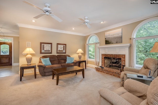 616 Brandon Ct, Lexington, SC 29072 - living room with baseboards, light colored carpet, ceiling fan, crown molding, and recessed lighting