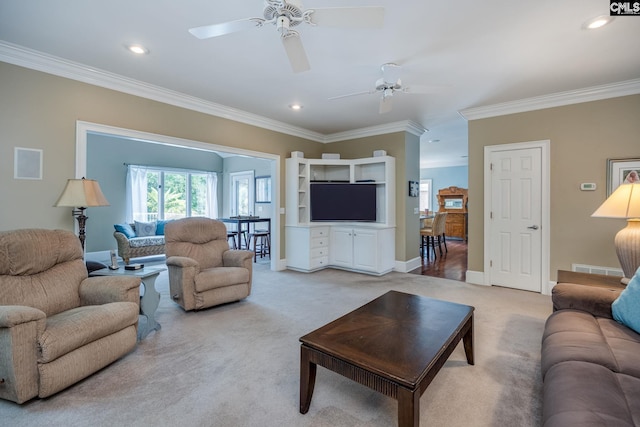 616 Brandon Ct, Lexington, SC 29072 - living room featuring ornamental molding, light carpet, a ceiling fan, recessed lighting, and baseboards