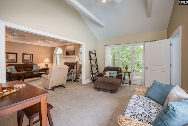 616 Brandon Ct, Lexington, SC 29072 - living area with ceiling fan, high vaulted ceiling, a brick fireplace, light colored carpet, and baseboards