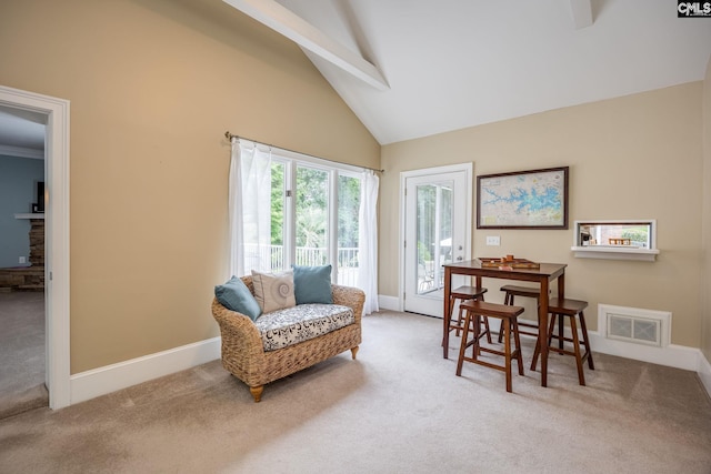 616 Brandon Ct, Lexington, SC 29072 - sitting room featuring carpet, high vaulted ceiling, baseboards, and beamed ceiling