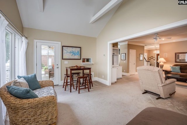 616 Brandon Ct, Lexington, SC 29072 - living area with light colored carpet, high vaulted ceiling, baseboards, ceiling fan, and crown molding