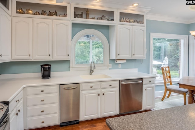 616 Brandon Ct, Lexington, SC 29072 - kitchen featuring appliances with stainless steel finishes, a sink, white cabinetry, ornamental molding, and dark wood-style flooring