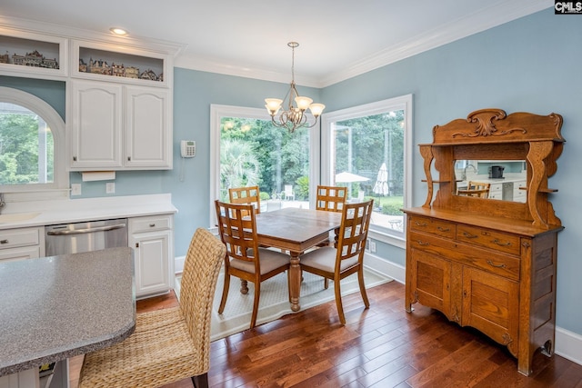 616 Brandon Ct, Lexington, SC 29072 - dining room featuring a chandelier, plenty of natural light, dark wood-style floors, crown molding, and baseboards