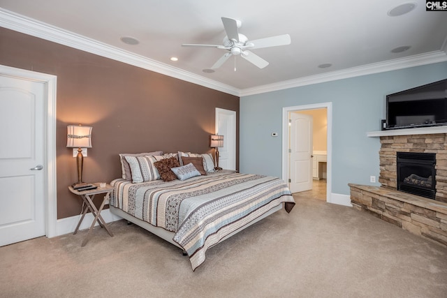 616 Brandon Ct, Lexington, SC 29072 - bedroom with light carpet, crown molding, a stone fireplace, baseboards, and a ceiling fan