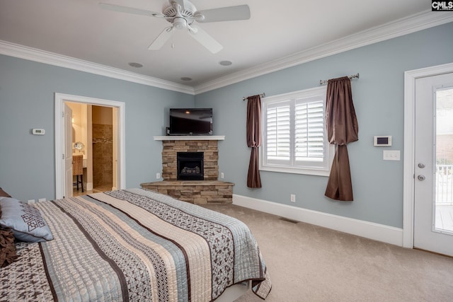 616 Brandon Ct, Lexington, SC 29072 - bedroom featuring ornamental molding, carpet, a stone fireplace, a ceiling fan, and baseboards