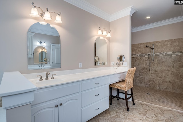 616 Brandon Ct, Lexington, SC 29072 - full bathroom featuring crown molding, double vanity, and tiled shower