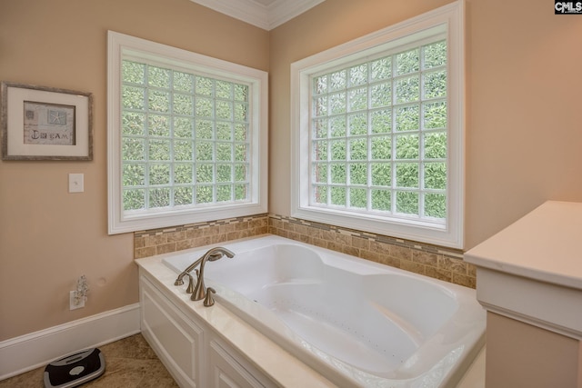 616 Brandon Ct, Lexington, SC 29072 - bathroom with a garden tub, crown molding, baseboards, and tile patterned flooring