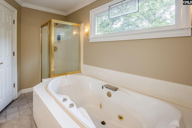616 Brandon Ct, Lexington, SC 29072 - bathroom featuring a shower stall, a jetted tub, crown molding, and tile patterned floors