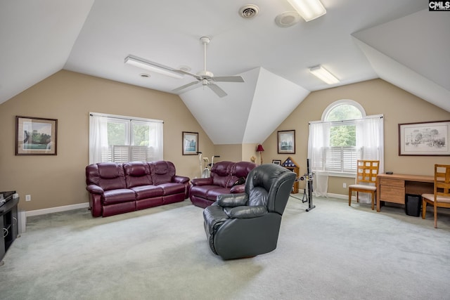 616 Brandon Ct, Lexington, SC 29072 - living area featuring carpet, vaulted ceiling, ceiling fan, and baseboards